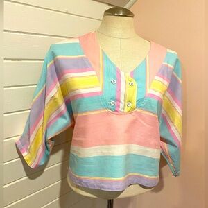 Vintage 1980s Light Cotton Cropped Top, Pastel, Buttons, Size Small